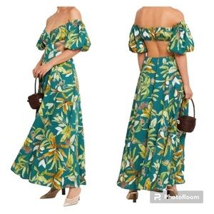 O.P.T. Callista Dress Maxi Floral Palm Off the Shoulder Linen Blend XS Party Mod